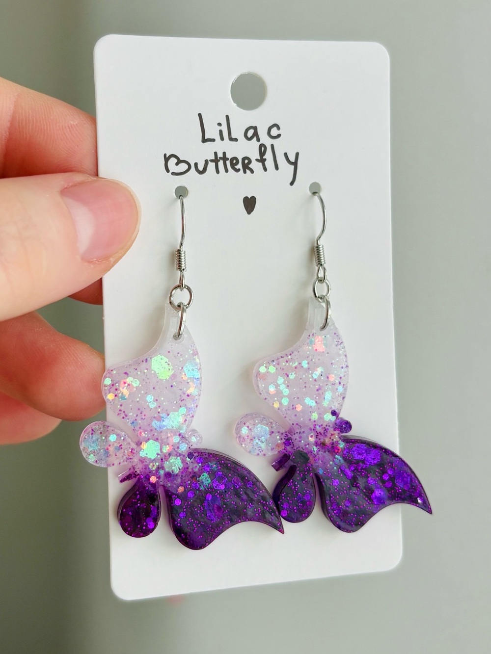 Lilac Butterfly Resin Earrings Handmade Purple Glitter Dangle Earrings